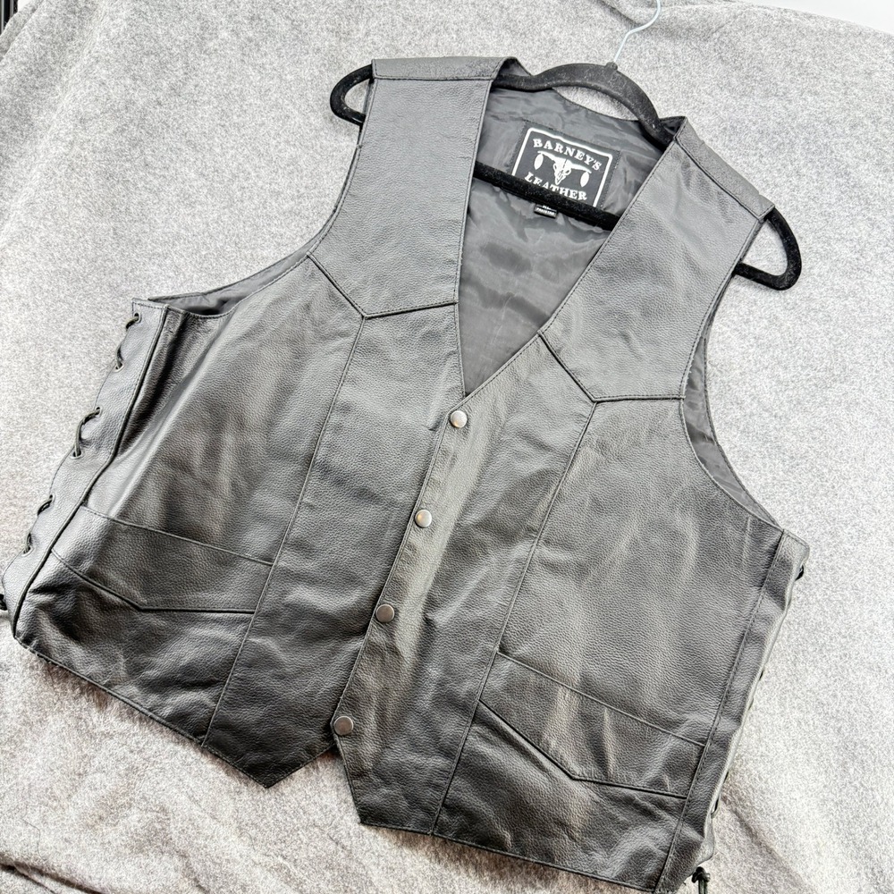 Barney's Leather Vest Mens XL Black Biker‎ Motorcycle Lace Up Side Snaps